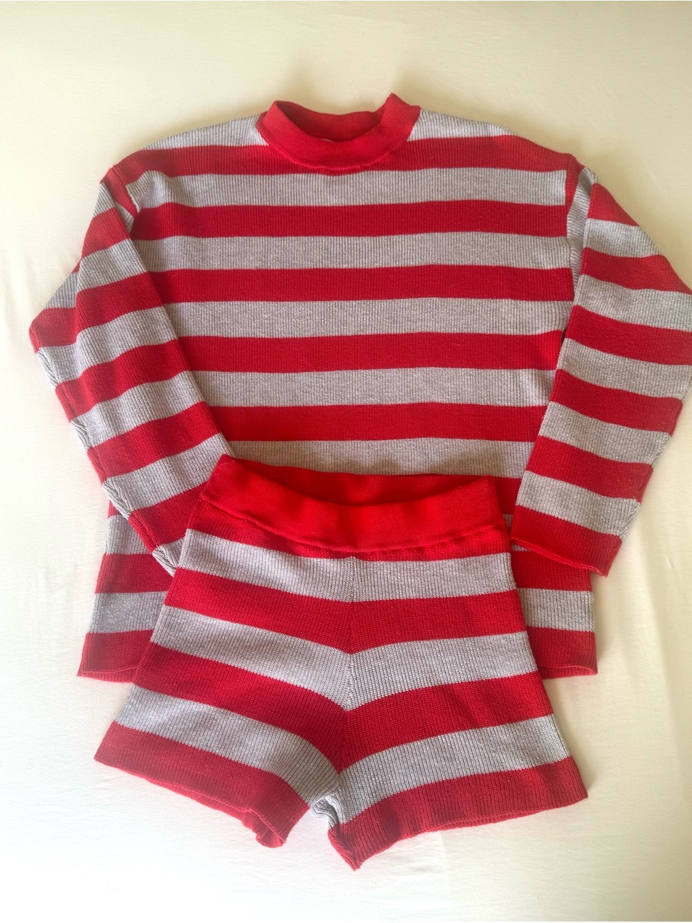 Red & Grey Stripe Knit Sweater and Shorts Set